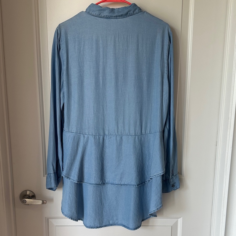 Chambray High-Low Button-Down Shirt with Ruffle Detail - Picture 3 of 7